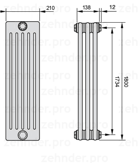Схема (чертеж) Радиатор Zehnder Charleston 6180/3 №7610 Белый глянцевый RAL 9016
